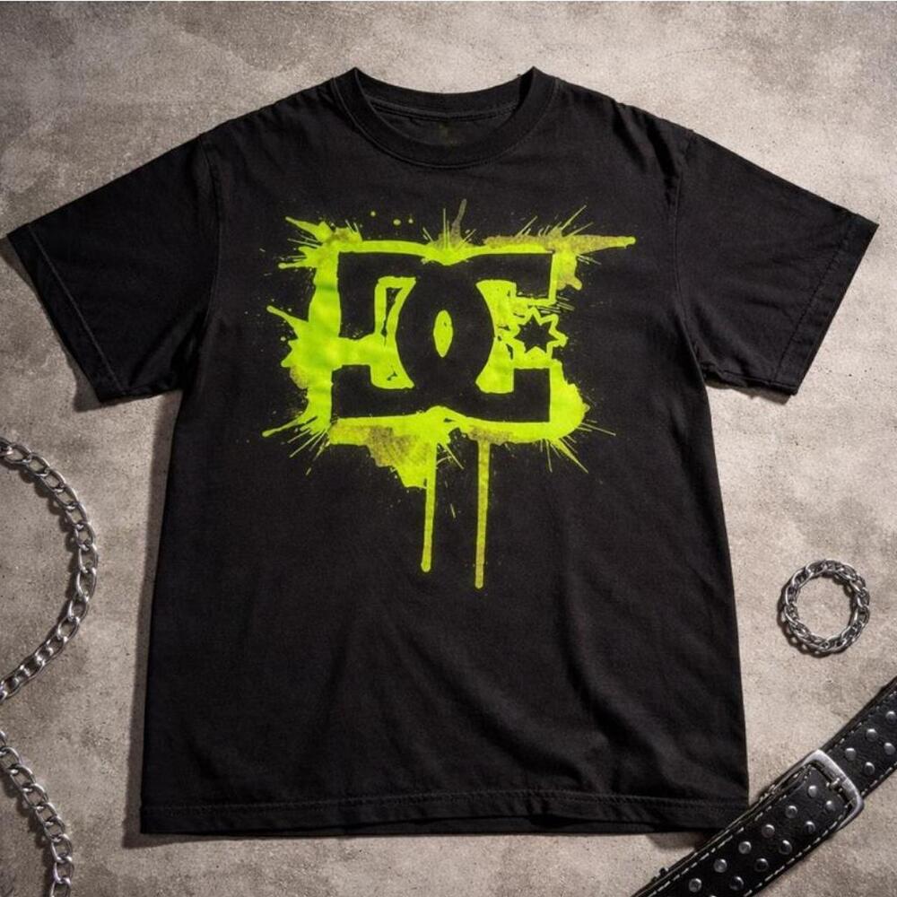 Y2K Graffiti Logo Tee Black Neon Green Streetwear Shirt Gildan Reprinted